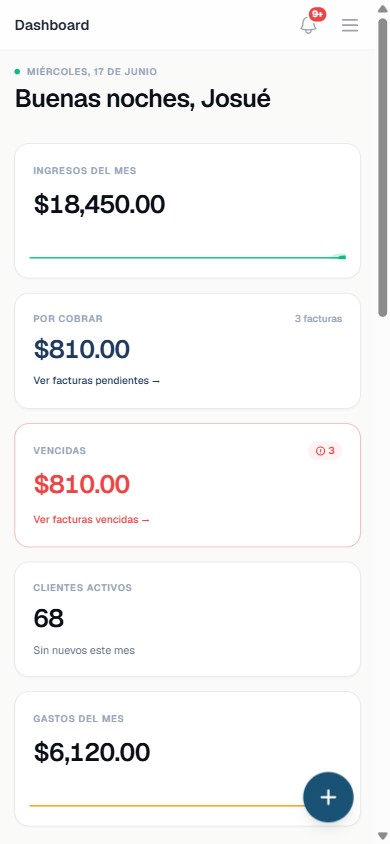 JB Books en un teléfono: panel financiero con ingresos, cuentas por cobrar y gastos del mes